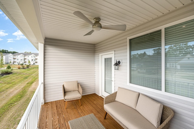 balcony featuring ceiling fan