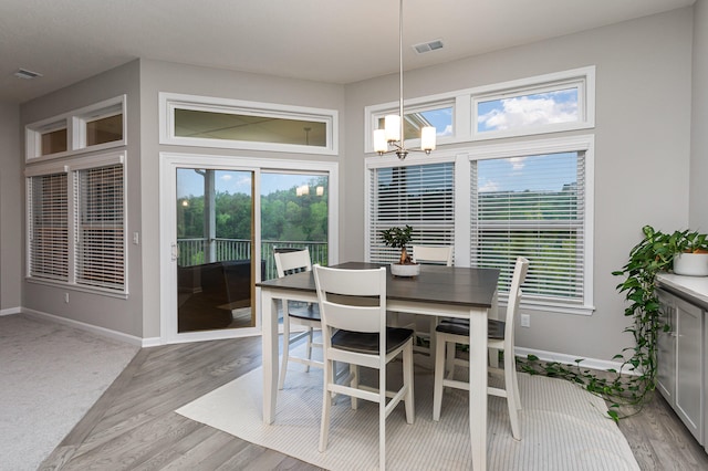 dining space with light hardwood / wood-style floors and a healthy amount of sunlight