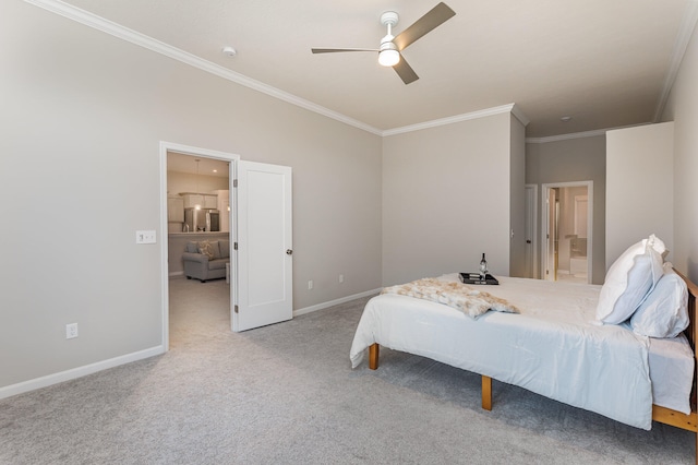 bedroom with ceiling fan, light colored carpet, connected bathroom, and crown molding