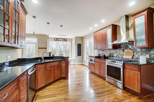 kitchen featuring sink, wall chimney exhaust hood, stainless steel appliances, light hardwood / wood-style flooring, and pendant lighting