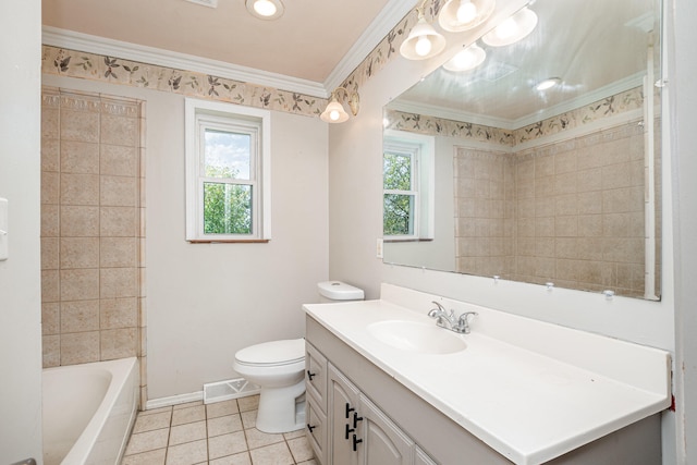 full bathroom with vanity, plenty of natural light, toilet, and crown molding