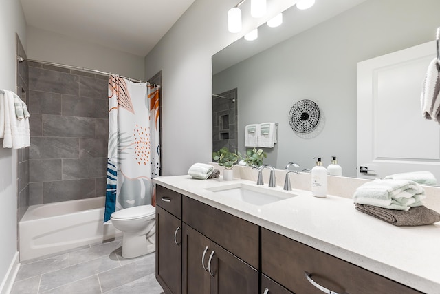 full bathroom with shower / tub combo, tile patterned floors, vanity, and toilet