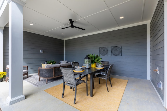 view of patio with ceiling fan and an outdoor hangout area