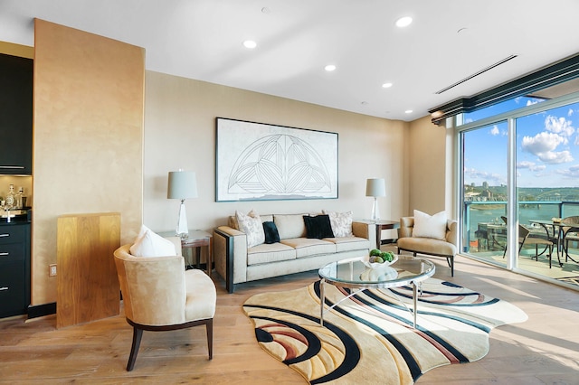 living room with light hardwood / wood-style flooring and a water view