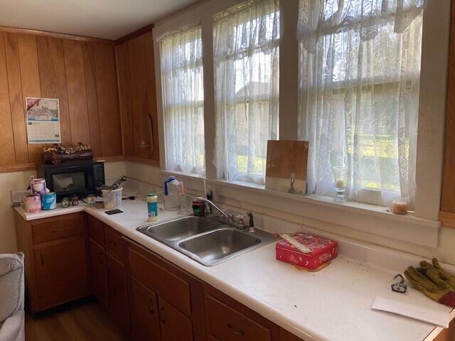 kitchen featuring wooden walls, sink, dark hardwood / wood-style flooring, and plenty of natural light