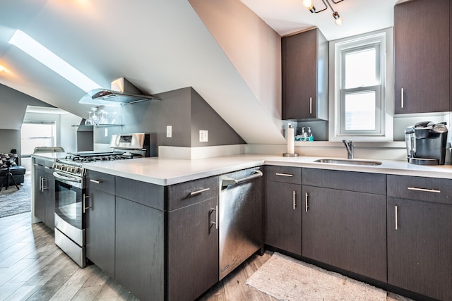 kitchen with light wood-type flooring, a wealth of natural light, sink, and stainless steel appliances