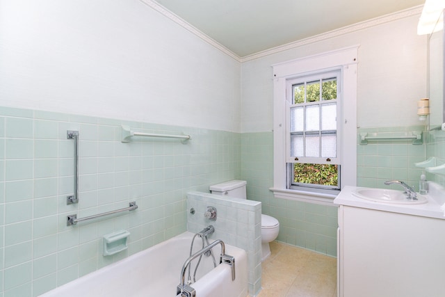 bathroom with a garden tub, crown molding, toilet, vanity, and tile patterned flooring