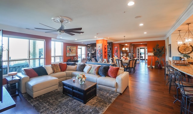 living room featuring ceiling fan with notable chandelier, crown molding, and dark wood-type flooring