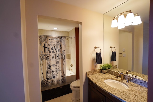 full bathroom featuring shower / tub combo, tile patterned flooring, toilet, and vanity