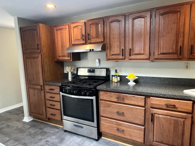 kitchen with stainless steel range with gas stovetop