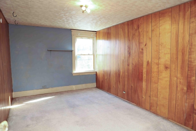 empty room with wood walls and light colored carpet