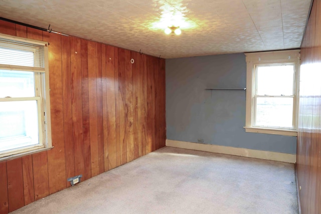 carpeted empty room with wood walls