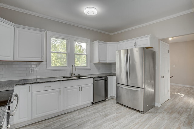 kitchen with tasteful backsplash, sink, white cabinetry, light hardwood / wood-style floors, and stainless steel appliances