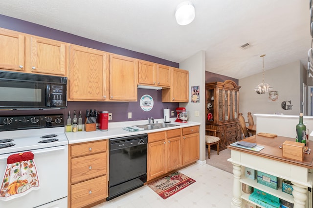 kitchen with hanging light fixtures, black appliances, sink, a chandelier, and light brown cabinetry