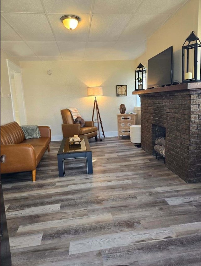 living room with a paneled ceiling, hardwood / wood-style flooring, and a fireplace