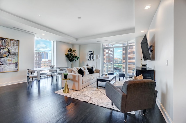 living room with a wealth of natural light, wood-type flooring, and a raised ceiling