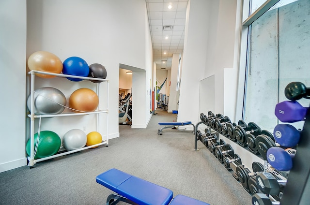 gym featuring carpet floors and a high ceiling