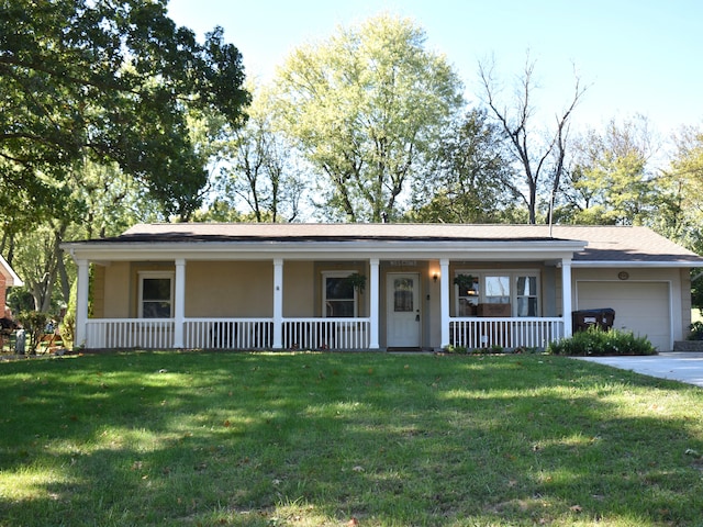 single story home with a front yard, a garage, and a porch