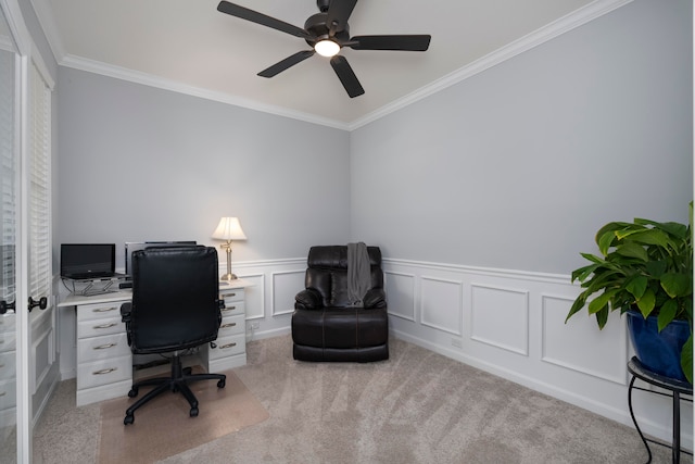 home office featuring crown molding, light colored carpet, and ceiling fan