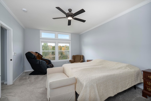 carpeted bedroom with crown molding and ceiling fan