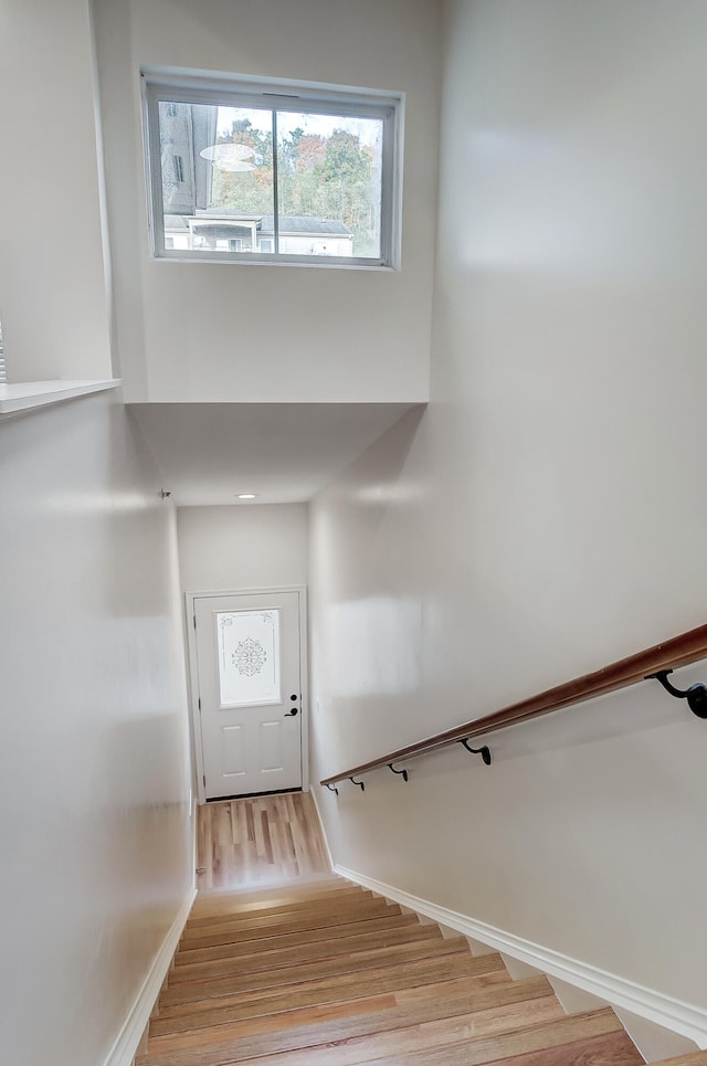 staircase with hardwood / wood-style flooring