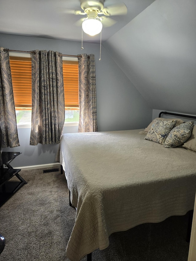 bedroom featuring carpet flooring, ceiling fan, and lofted ceiling