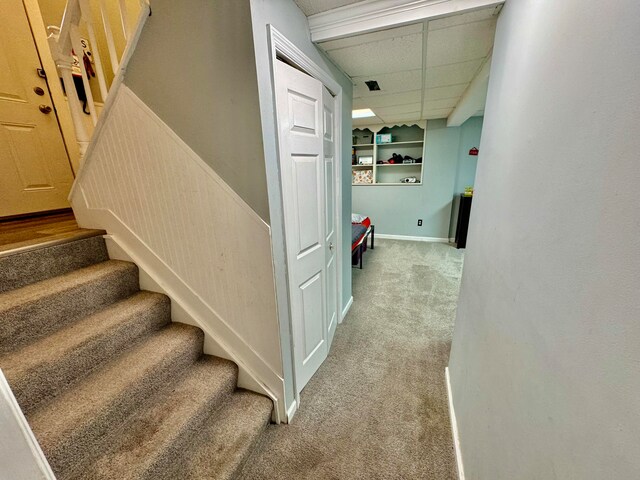 stairs featuring carpet and a paneled ceiling