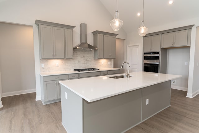 kitchen with stainless steel appliances, wall chimney exhaust hood, sink, and an island with sink