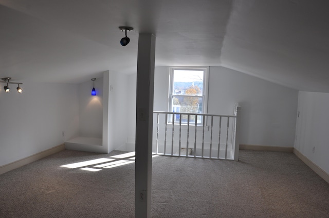 additional living space featuring lofted ceiling and carpet floors