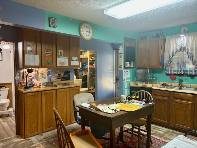 kitchen featuring a textured ceiling, sink, and light wood-type flooring