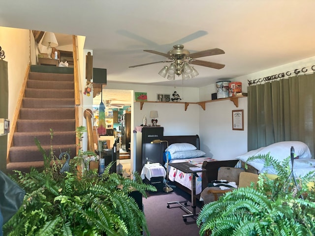 interior space with carpet and ceiling fan