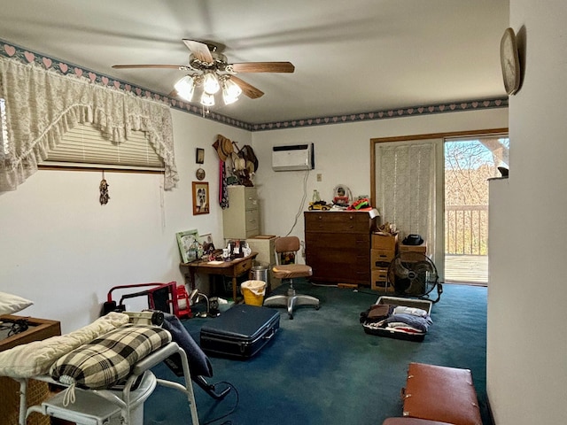 living area with carpet, ceiling fan, and an AC wall unit