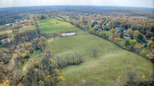 bird's eye view featuring a rural view and a water view