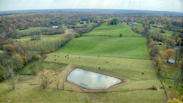 aerial view with a water view and a rural view