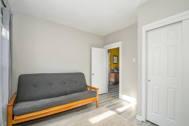 sitting room with light hardwood / wood-style floors and a textured ceiling