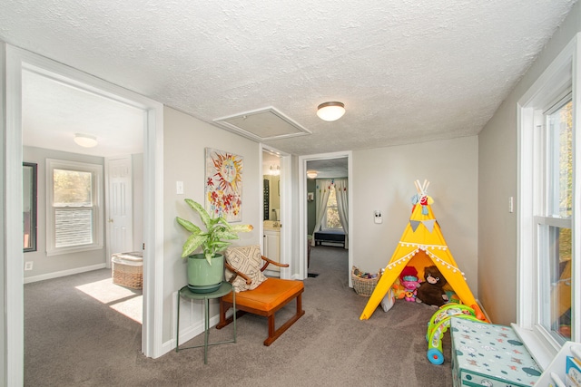 recreation room featuring carpet and a textured ceiling