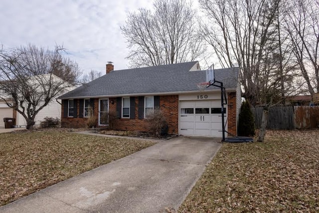 single story home featuring brick siding, a chimney, concrete driveway, fence, and a garage