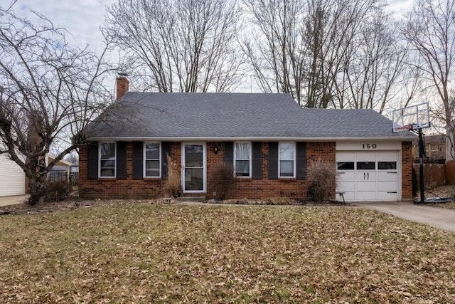 ranch-style house with driveway, a chimney, an attached garage, a front lawn, and brick siding