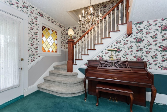 interior space featuring carpet flooring, a textured ceiling, and a notable chandelier