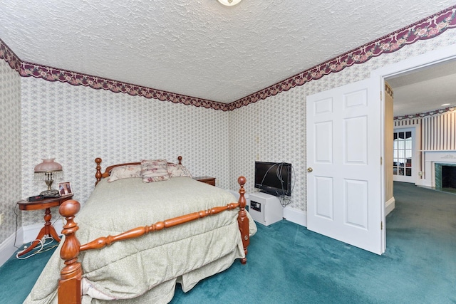 carpeted bedroom with a textured ceiling