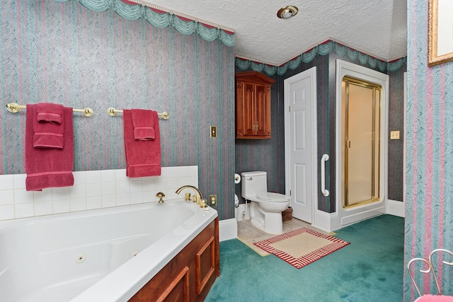 bathroom with toilet, a textured ceiling, and independent shower and bath