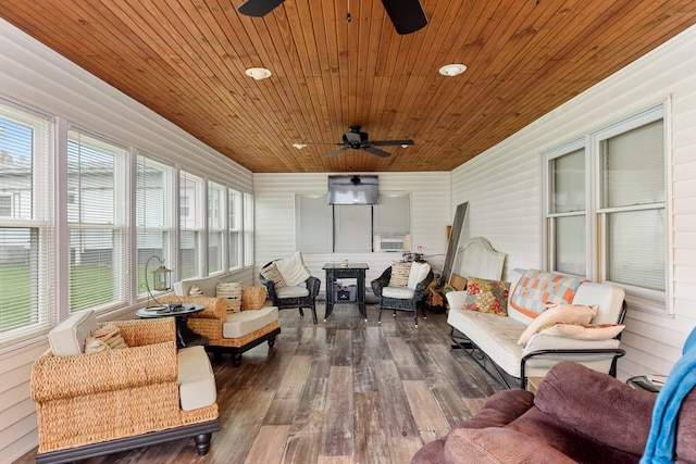 sunroom / solarium featuring ceiling fan and wooden ceiling