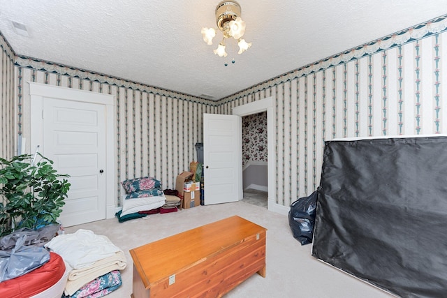 interior space with carpet floors and a textured ceiling