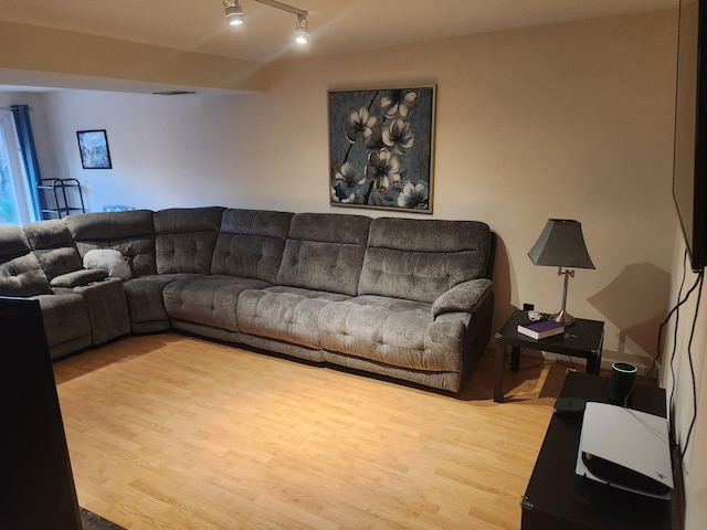 living room with light hardwood / wood-style floors and rail lighting