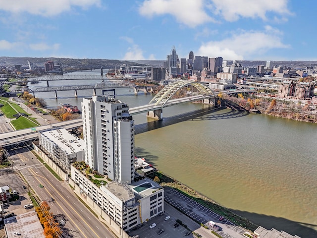 drone / aerial view featuring a water view