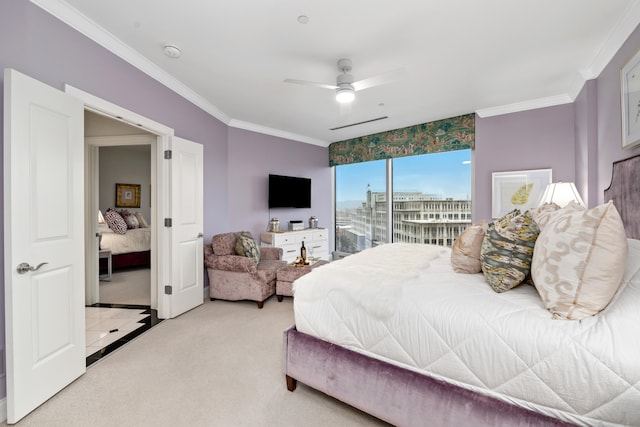 carpeted bedroom featuring access to outside, ceiling fan, and crown molding