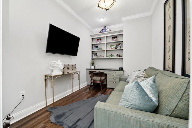 living room with dark hardwood / wood-style floors and ornamental molding