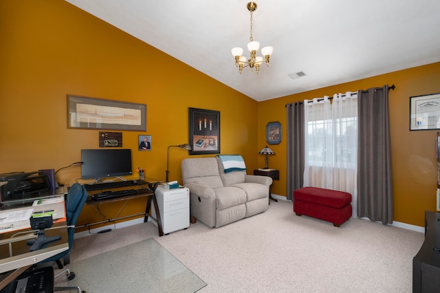 carpeted office space featuring an inviting chandelier and vaulted ceiling