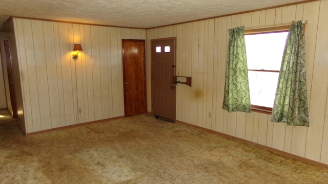 entrance foyer featuring carpet and wood walls