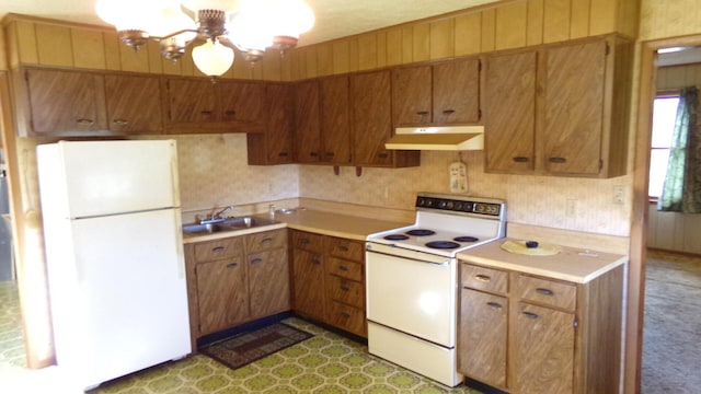 3655 Squiresville Rd, Owenton, KY 40359 - kitchen featuring white appliances, under cabinet range hood, a sink, and light countertops